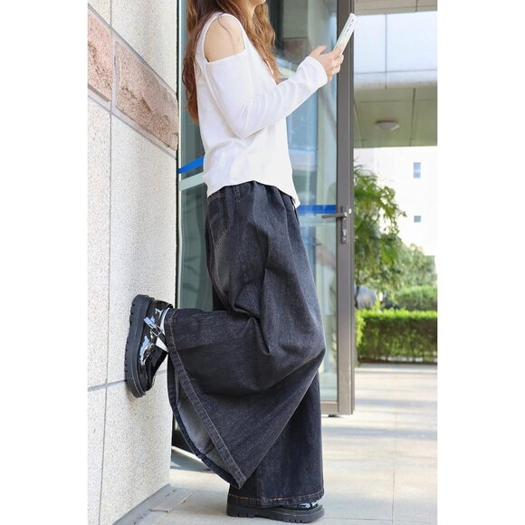 Women Extra Wide Leg Denim Pants Cotton Casual Loose Elastic Waist Pockets - Picture 5 of 6